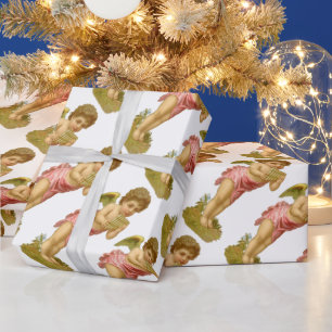 Papier Cadeau Noël vintage, ange musicien avec flûte de Pan