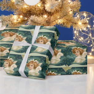 Papier Cadeau Noël vintage, ange victorien avec des étoiles doré