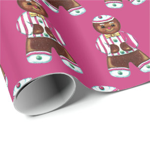 Papier Cadeau Noël vintage de rose de bonhomme en pain d'épice