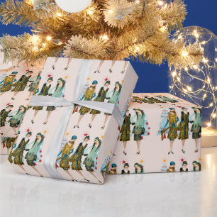 Papier Cadeau Noël Vintage des années 1930 femmes sapin de Noël