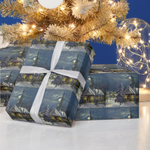 Papier Cadeau Noël vintage, église hivernale dans la neige avec 