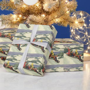 Papier Cadeau Noël vintage, enfants faisant de la luge sur une m