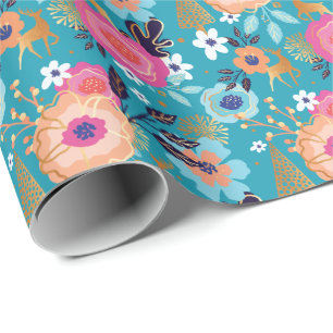 Papier Cadeau Noël vintage floral, de renne et de flocon de