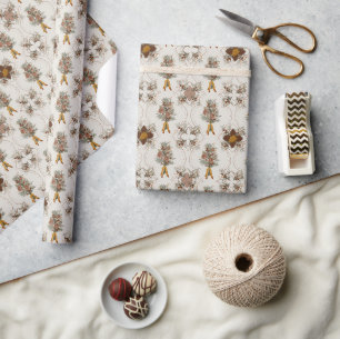 Papier Cadeau Noël vintage Floral d'hiver Crème, Blanc