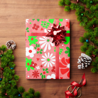 Papier Cadeau Noël vintage groovy années 60 floral flocons de ne