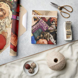 Papier Cadeau Noël vintage, jouets à pipe de Père Noël victorien