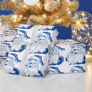 Papier Cadeau Noël vintage, joyeux Père Noël en bleu