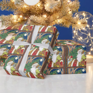 Papier Cadeau Noël vintage, le Père Noël Cerf en forêt