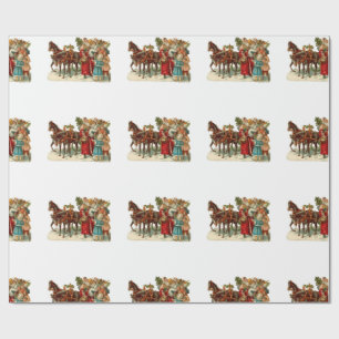 Papier Cadeau Noël vintage, Noël cheval tirant le traîneau vinta