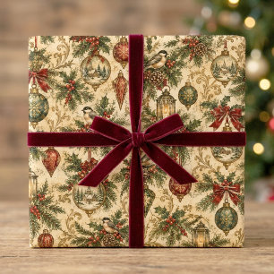 Papier Cadeau Noël Vintage Oiseaux et Ornements Nostalgiques