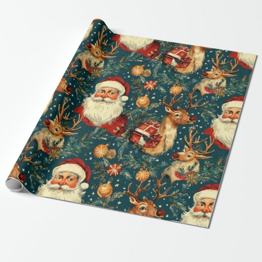 Papier Cadeau "Noël Vintage Père Noël & Reindeer (Déroulé)