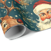 Papier Cadeau "Noël Vintage Père Noël & Reindeer (Coin rond)