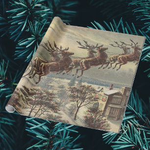 Papier Cadeau Noël vintage, Père Noël victorien à Sleigh