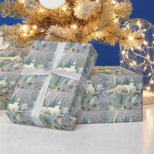 Papier Cadeau Noël vintage, personnes allant à l'église dans la