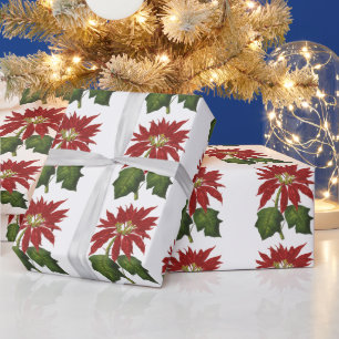 Papier Cadeau Noël vintage, poinsettia rouge plante d'hiver