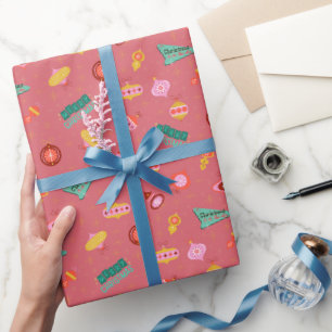 Papier Cadeau Noël vintage rétro des années 1960 sur fond rose b