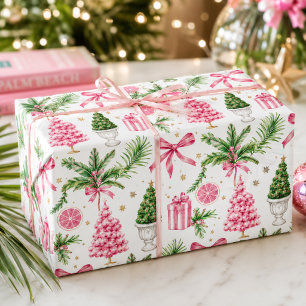 Papier Cadeau Noël Watercolor Preppy Rose Vert Palm Beach