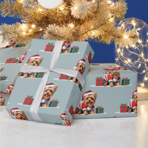 Papier Cadeau Noël Yorkshire Terrier Chien habillé Père Noël