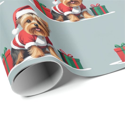 Papier Cadeau Noël Yorkshire Terrier Chien habillé Père Noël (Coin rond)