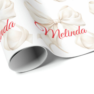 Papier Cadeau Nœud blanc élégant nom rouge Noël 