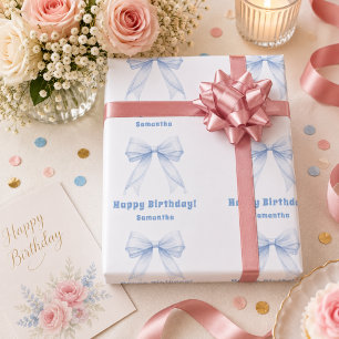 Papier Cadeau Nœud bleu d'anniversaire fille blanche