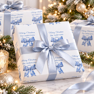 Papier Cadeau Noeud de Noël bleu blanc toile française