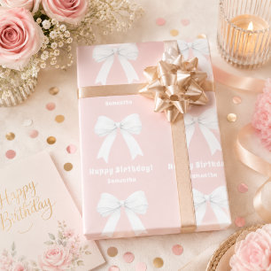 Papier Cadeau Nœud rose anniversaire fille blanche