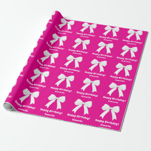 Papier Cadeau Nœud rose chaud pour anniversaire fille blanche