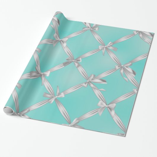 Papier Cadeau Nœuds Blancs Turquoise Bleu D'oeuf De Merle Mariag (Déroulé)