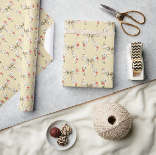 Papier Cadeau Nœuds Floraux Jaune Beurre Rouge Anniversaire