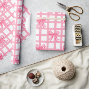Papier Cadeau Nœuds roses Cottagecore Carreaux Aquarelle à carre