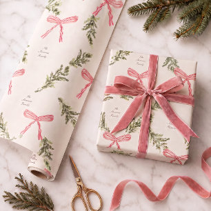Papier Cadeau Noeuds roses personnalisés et verdure Noël prépa c
