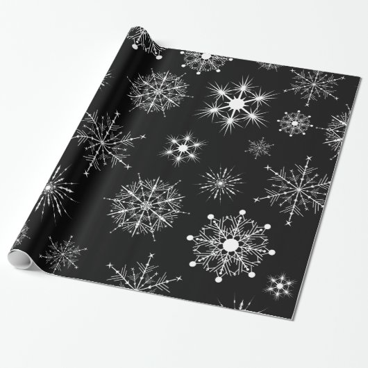 Papier Cadeau Noir & Blanc Assorti Snowflakes Noël (Déroulé)
