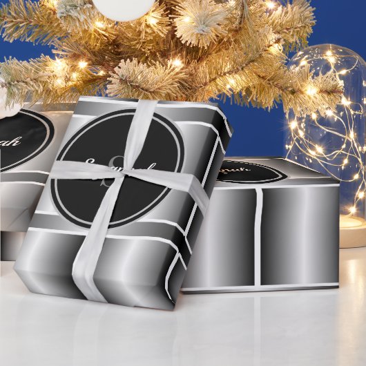 Papier Cadeau Noir blanc et argent Monogramme Carrés géométrique (Vacances)