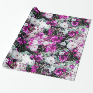 Papier Cadeau Noir blanc pourpre rose floral de roses victoriens