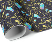 Papier Cadeau Noir & Bleu Moderne Faux Or & Opal (Coin rond)