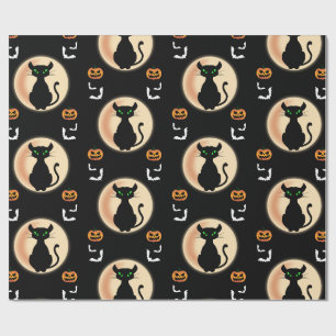 Papier Cadeau Noir Éffrayant chat yeux verts avec lune Halloween