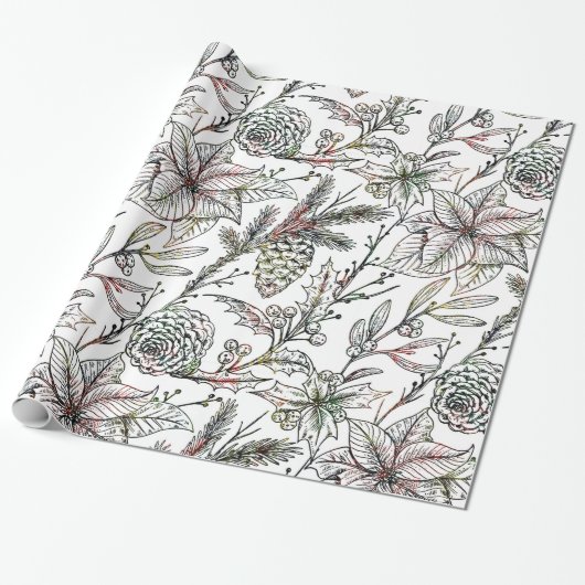 Papier Cadeau Noir et blanc Noël Holly Motif (Déroulé)