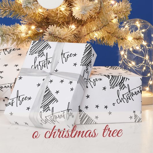 Papier Cadeau Noir et blanc O sapin de Noël et étoiles