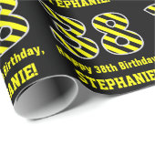 Papier Cadeau Noir et Jaune rayé "38"; 38e anniversaire + nom (Coin rond)