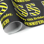 Papier Cadeau Noir et jaune rayé "55"; 55e anniversaire + nom (Coin rond)