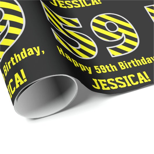 Papier Cadeau Noir et jaune rayé "59"; 59e anniversaire + nom (Coin rond)