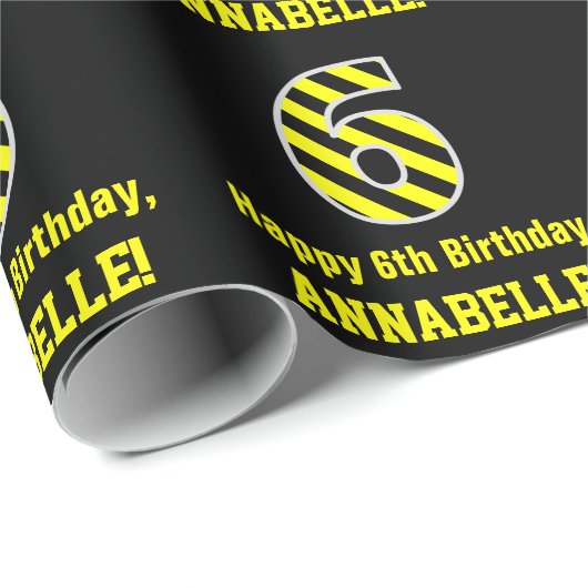 Papier Cadeau Noir et Jaune rayé "6"; 6e anniversaire + nom (Coin rond)