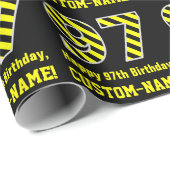 Papier Cadeau Noir et jaune rayé "97"; 97e anniversaire + nom (Coin rond)