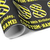 Papier Cadeau Noir et jaune rayé "98"; 98e anniversaire + nom (Coin rond)