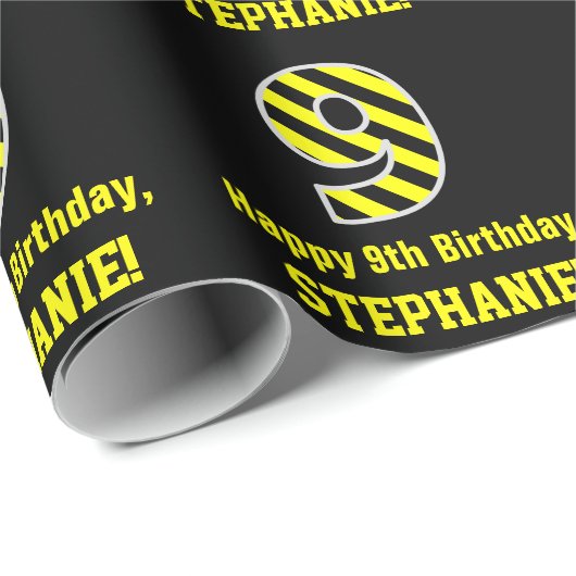 Papier Cadeau Noir et Jaune rayé "9"; 9e anniversaire + nom (Coin rond)