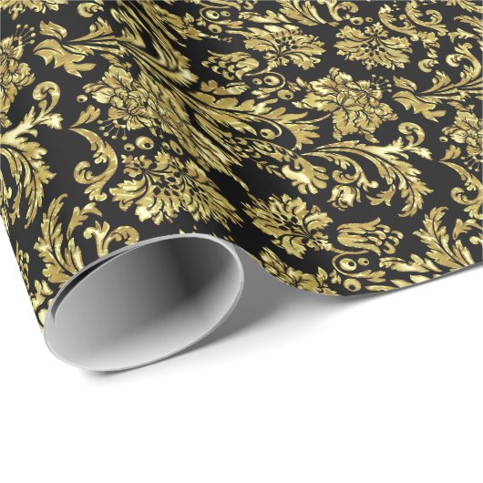 Papier Cadeau Noir Et Métallique Or Floral Damas 4 Motifs (Coin rond)