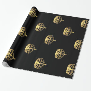 Papier Cadeau Noir et motif de couronne d'or