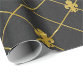 Papier Cadeau Noir et or. Fleur De Lis. (Coin rond)