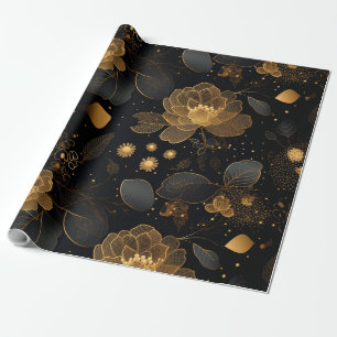 Papier Cadeau Noir et or rose motif noël